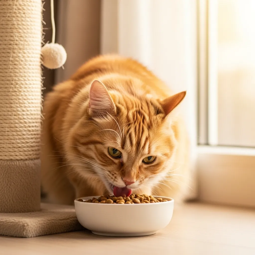 Cat eating in a calm corner, demonstrating a stress-free setup for how to get a cat to eat again.