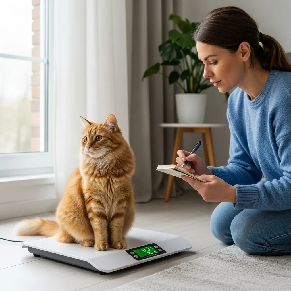 Cat on a pet scale, showing how to monitor cat weight loss signs for loss of appetite in cats.