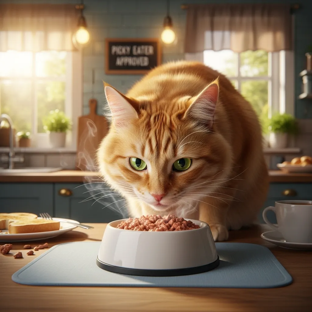  Cat sniffing warmed wet food, showing cat feeding tips and techniques for how to get a cat to eat again.