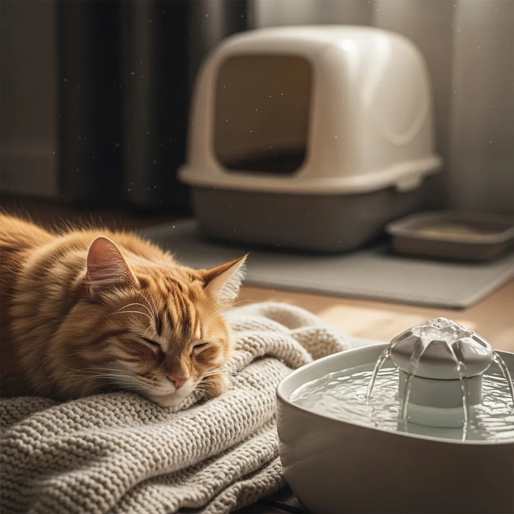 Cozy cat near water fountain and litter box, illustrating a setup to help a constipated cat poop.