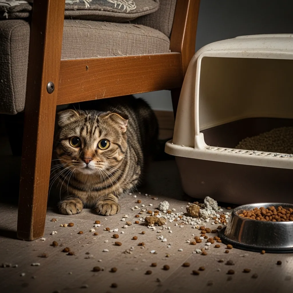  Stressed cat near a dirty litter box, highlighting causes of constipation in cats.