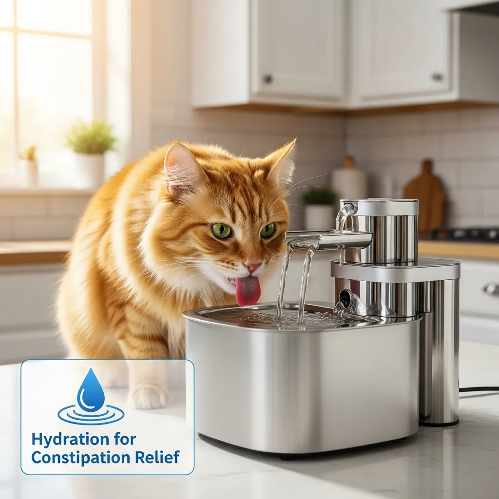  Cat at water fountain, showing how to increase cat water intake for constipation.