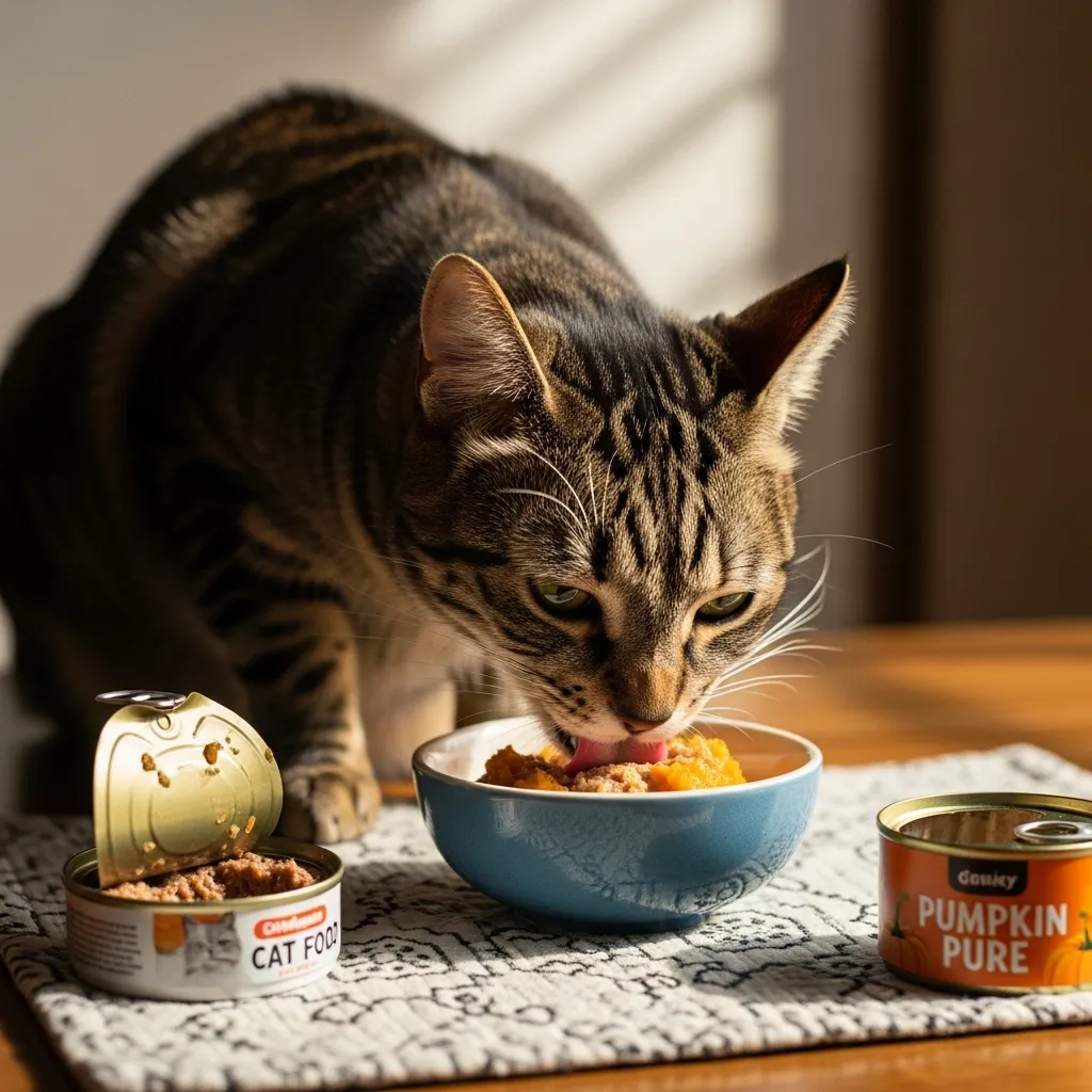 Cat eating pumpkin-mixed wet food, a natural remedy for constipated cats.