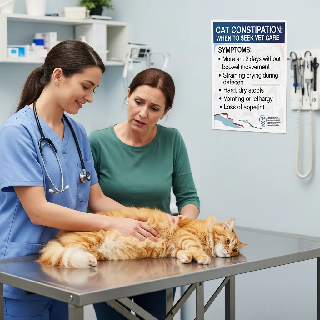 Vet examining cat for constipation, showing when to seek professional care.