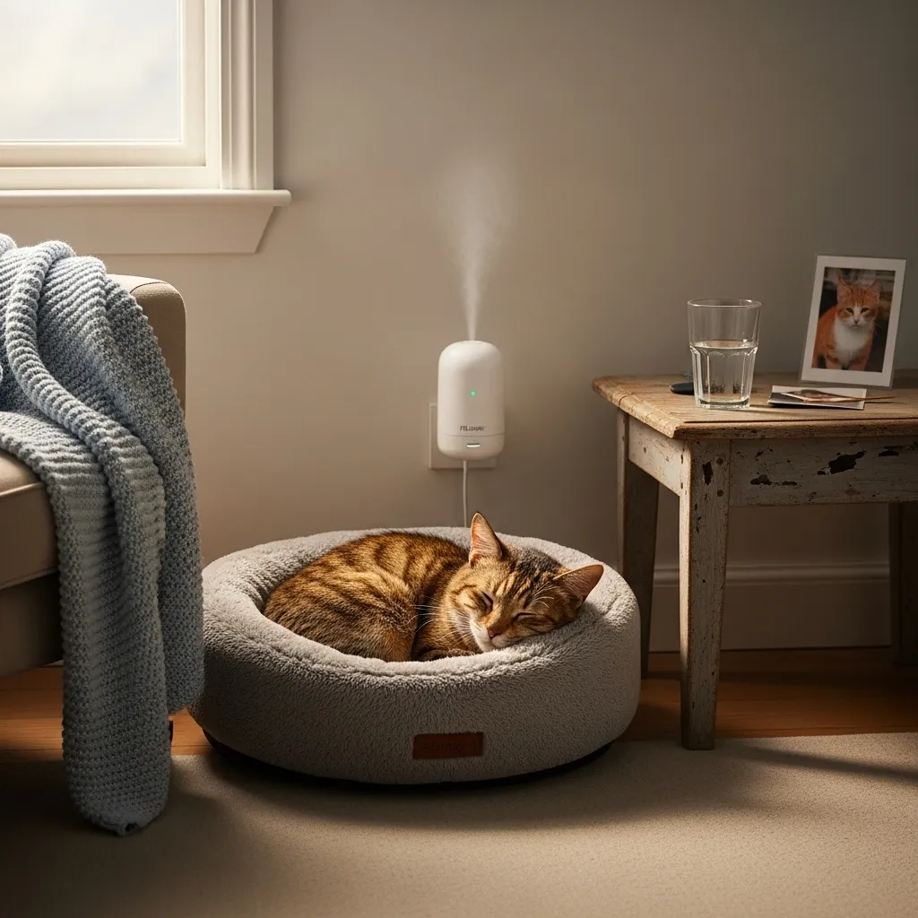 End-of-Life Care for Cats 3 Cat resting on a soft bed in a quiet room with a Feliway diffuser, creating a peaceful environment for dying pets.
