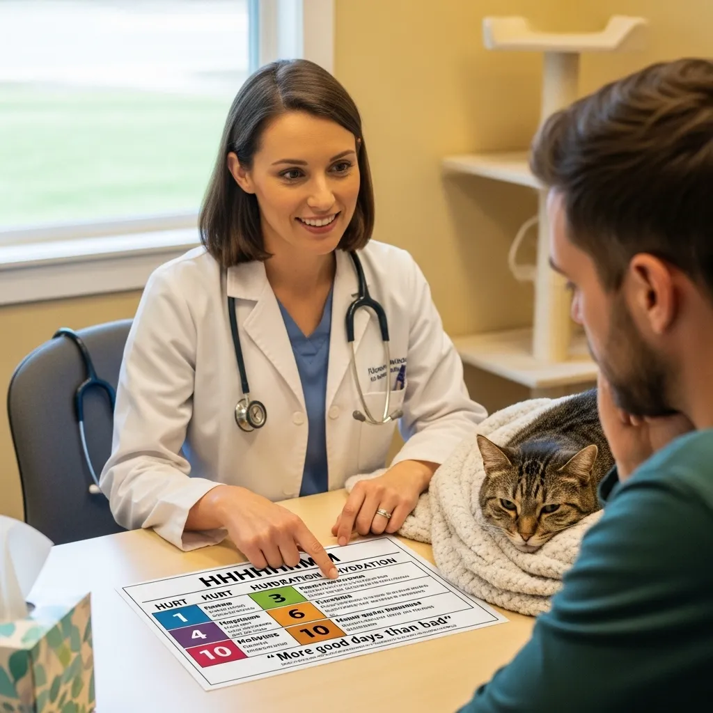 End-of-Life Care for Cats 4 Vet discussing the HHHHHMM scale with an owner, guiding the cat euthanasia decision for a dying cat.