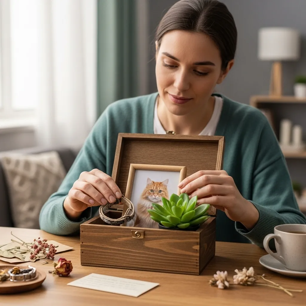 End-of-Life Care for Cats 5 Memory box with a cat’s collar and photo, representing ways to cope with the loss of a cat.
