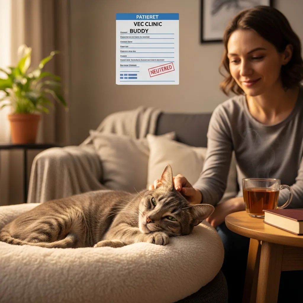 Relaxed neutered male cat on a bed with a vet chart, showing a calm post-neutering environment.