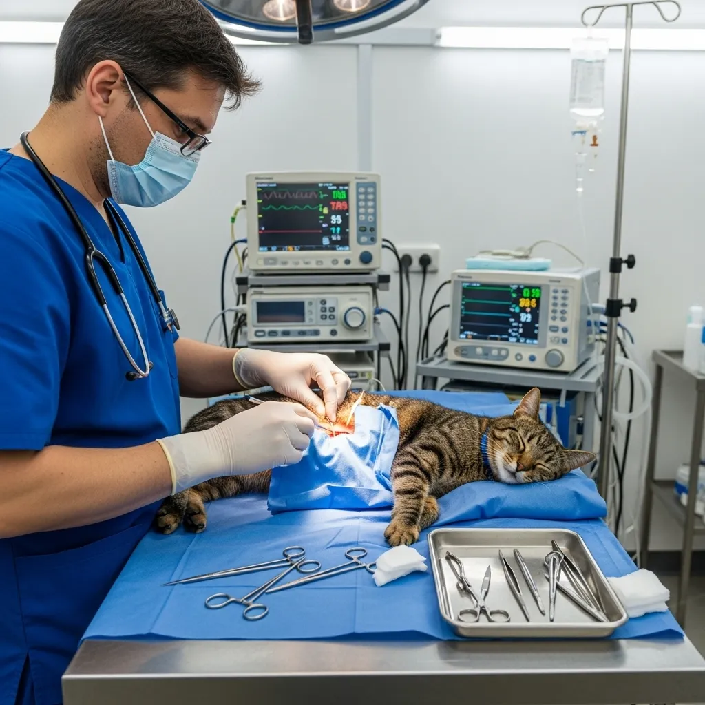  Veterinarian conducting an orchidectomy procedure on a male cat in a clinic.