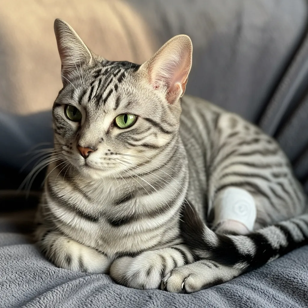 Neutered male cat with a glossy coat, showing post-neutering physical changes.