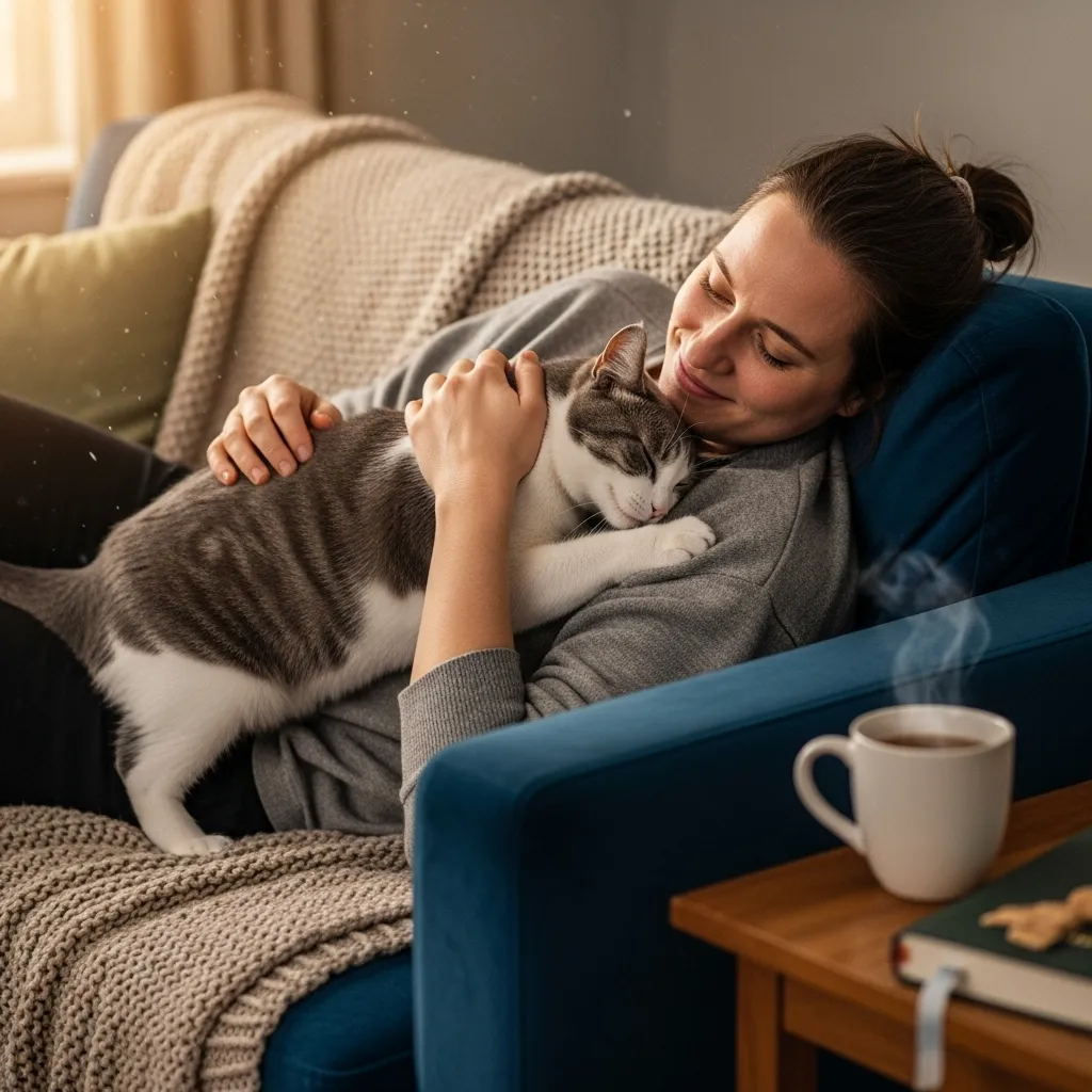 Neutered male cat snuggling with owner, highlighting affectionate behavior after neutering.