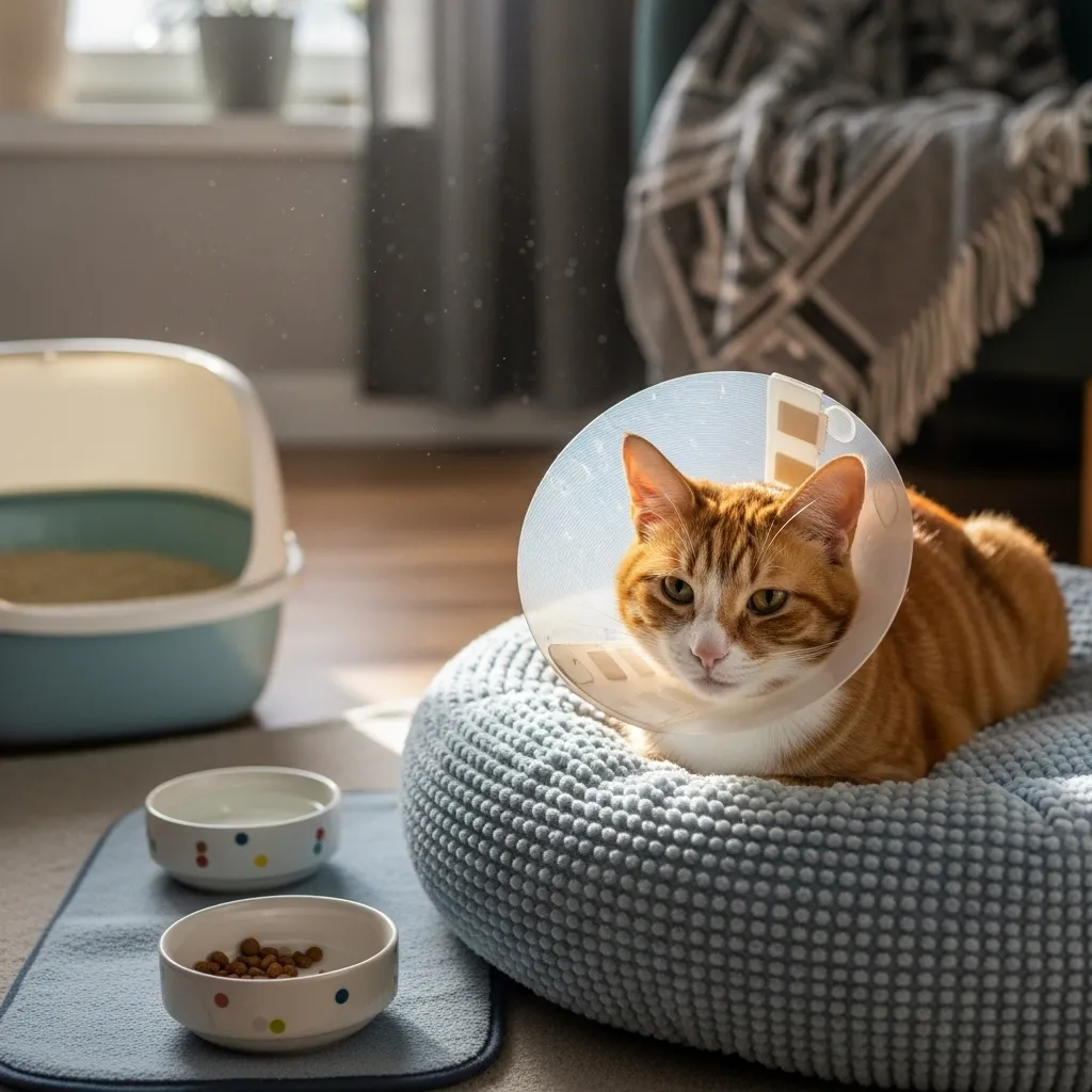Neutered male cat with a cone in a cozy recovery area, illustrating post-neuter care.