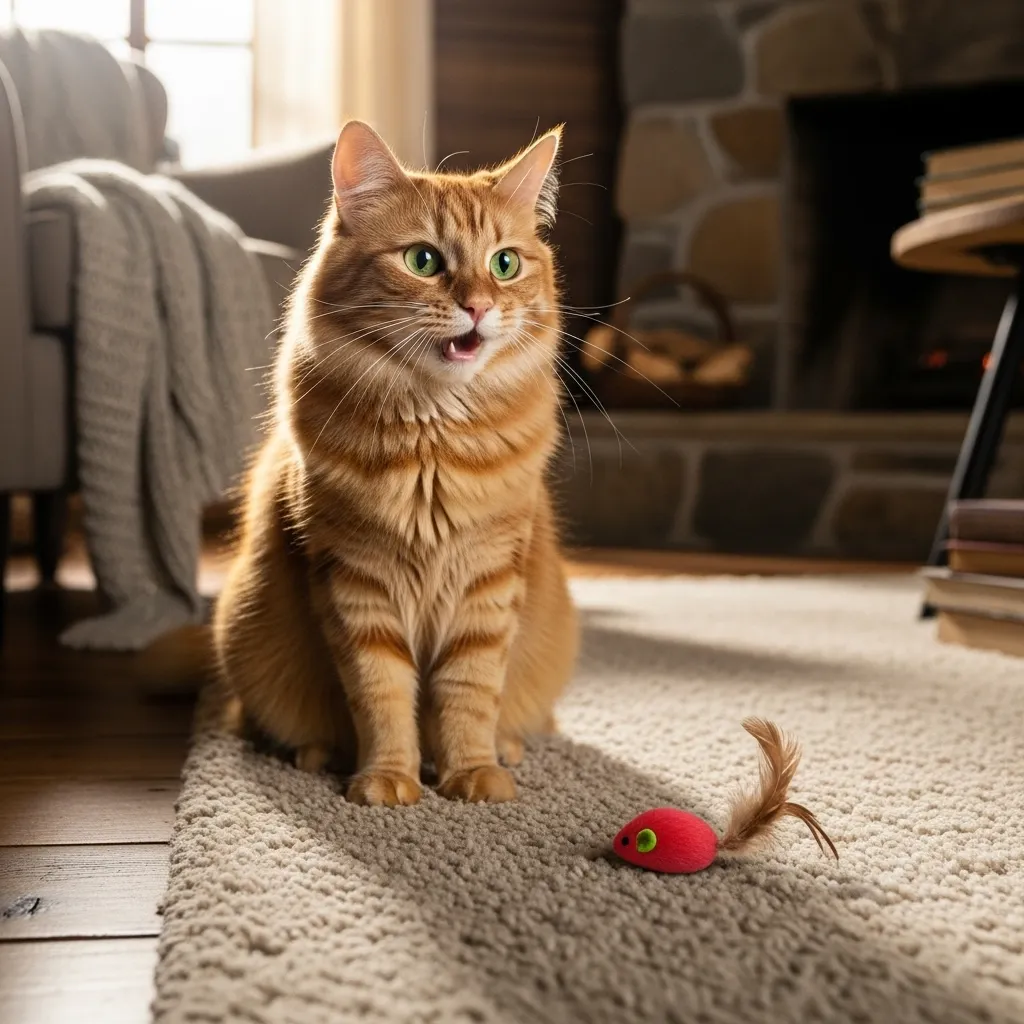 Cat panting after playtime in a cozy living room, illustrating normal cat panting behavior.
