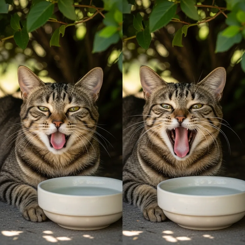 Relaxed cat in a cool spot, showing normal behavior after panting, with a water bowl nearby.