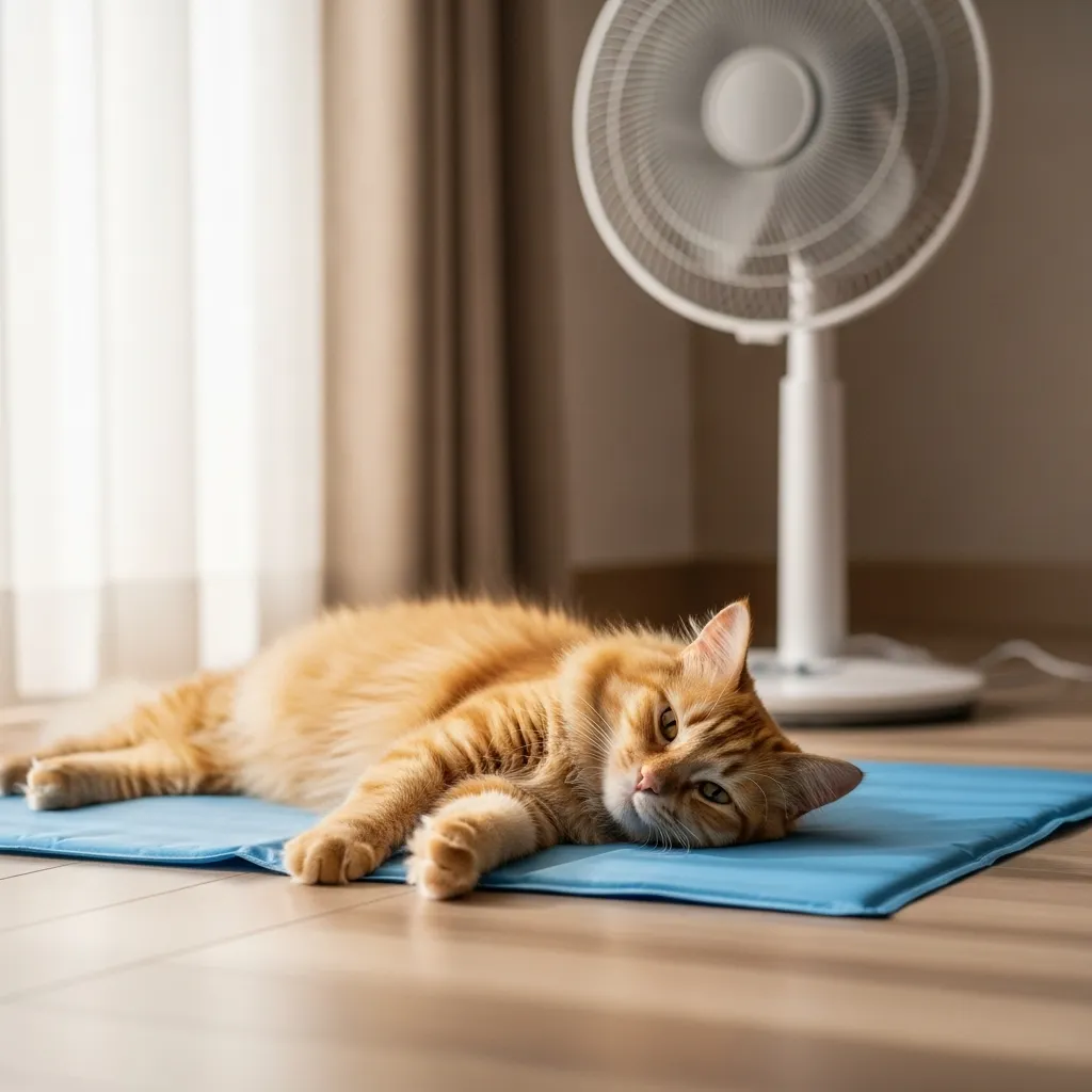 Cat on a cooling mat in a shaded room, demonstrating relief from cat panting due to heat.