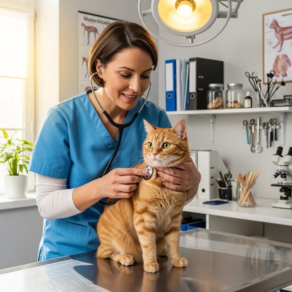 Vet checking a cat for respiratory issues, highlighting the importance of vet visits for cat panting concerns.