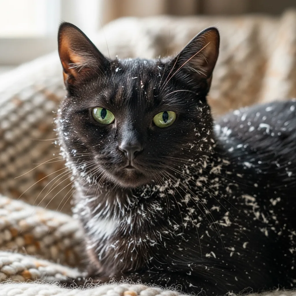 Cat with white dandruff flakes on fur, highlighting common cat dandruff symptoms.