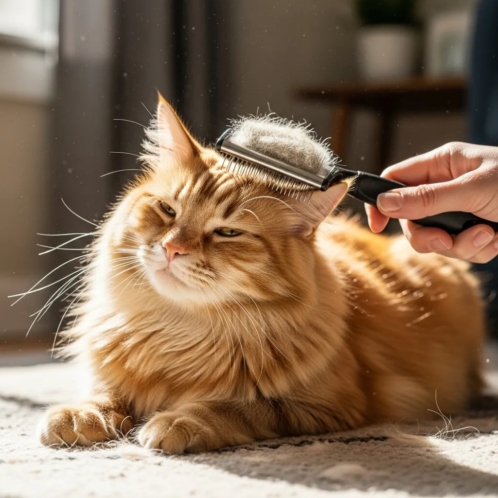 Brushing a cat to remove dandruff, a key step in feline skin maintenance.