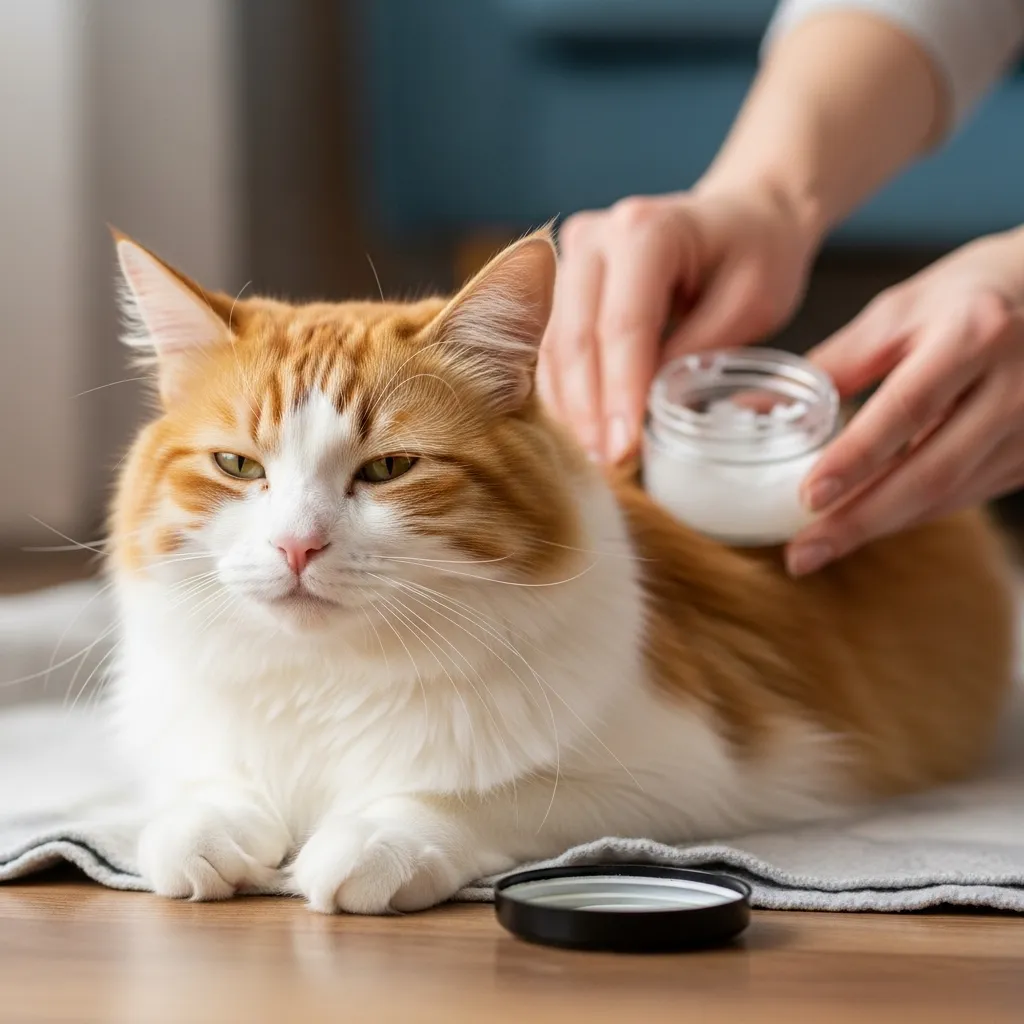 Applying coconut oil to a cat’s fur, a natural remedy for cat dandruff.