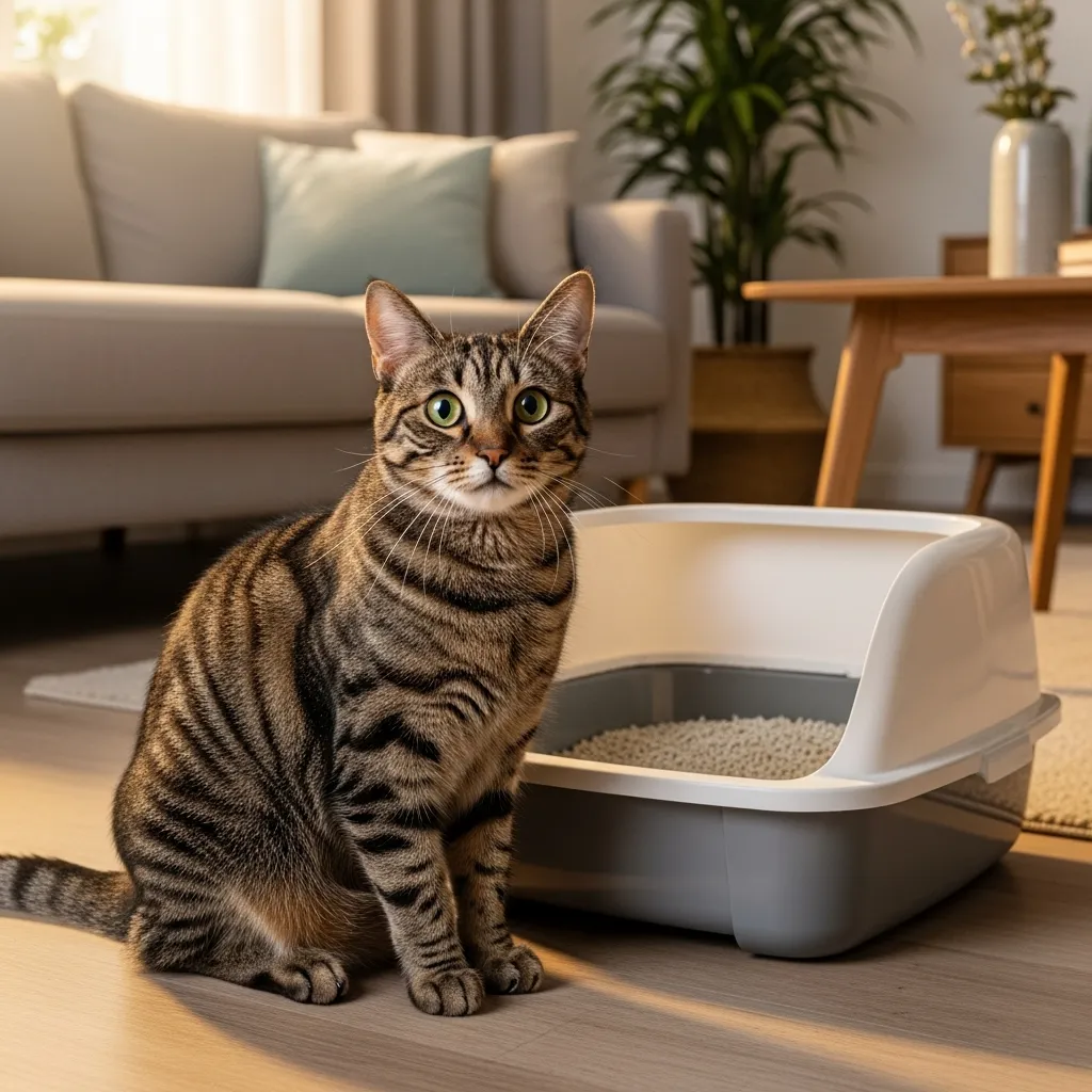 Tabby cat near litter box in a cozy home, illustrating inappropriate urination concerns.