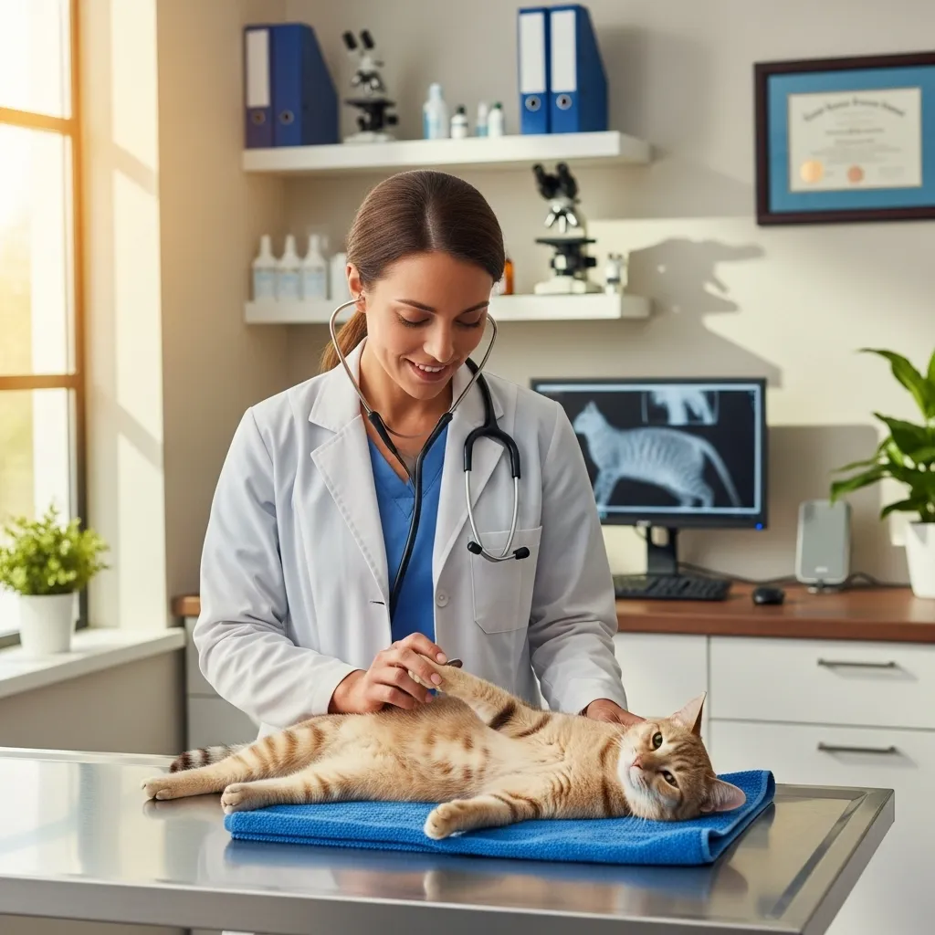  Veterinarian examining a cat to diagnose urinary issues.