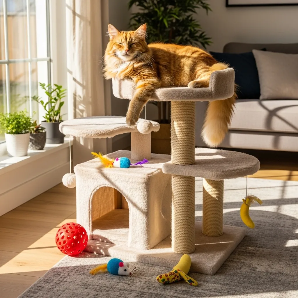 Happy cat on a cat tree in a stress-free home environment.