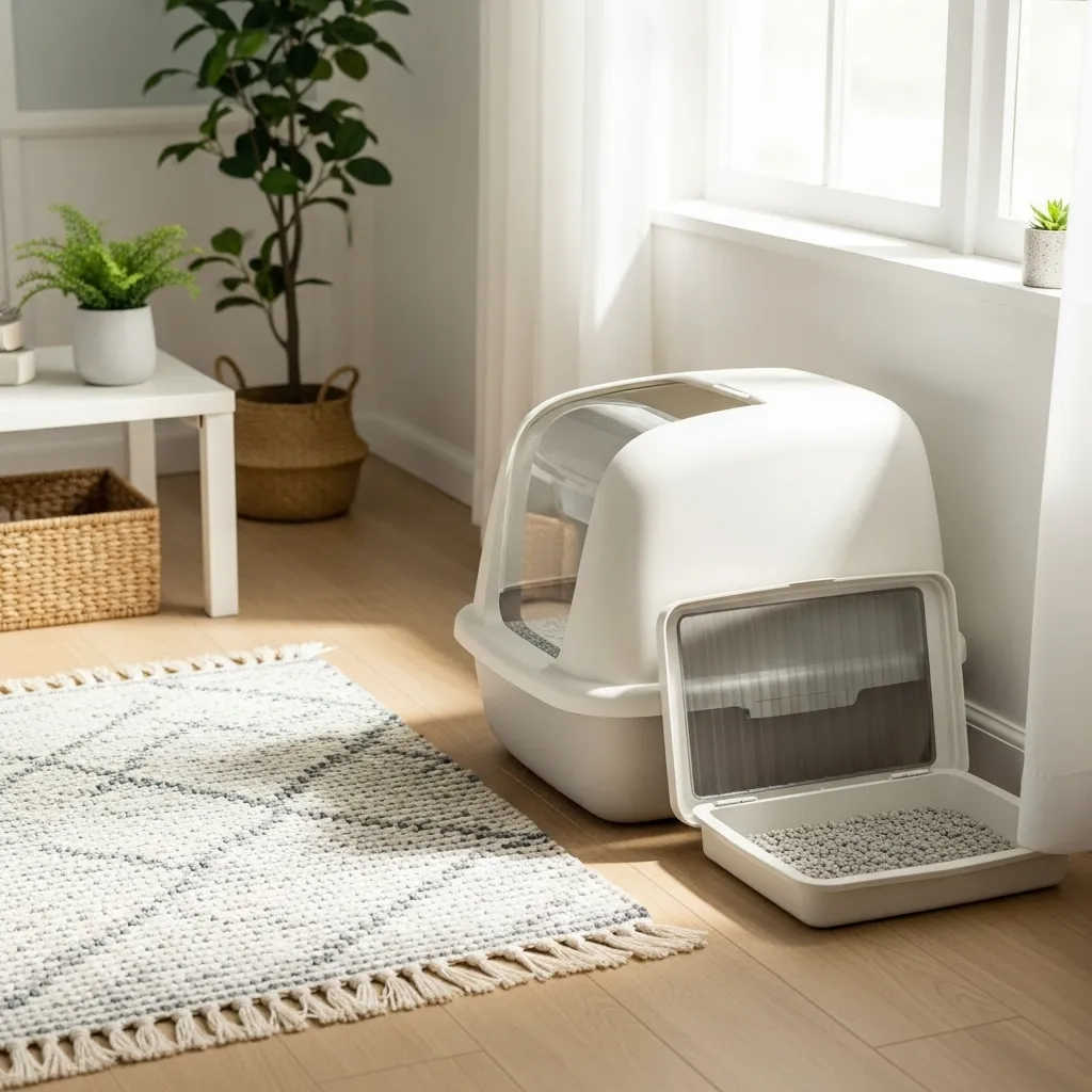  Clean litter box in a quiet home corner for optimal cat use.