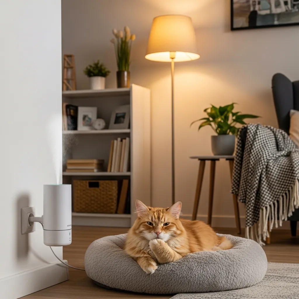 Cat relaxing near a pheromone diffuser to reduce stress-related peeing.