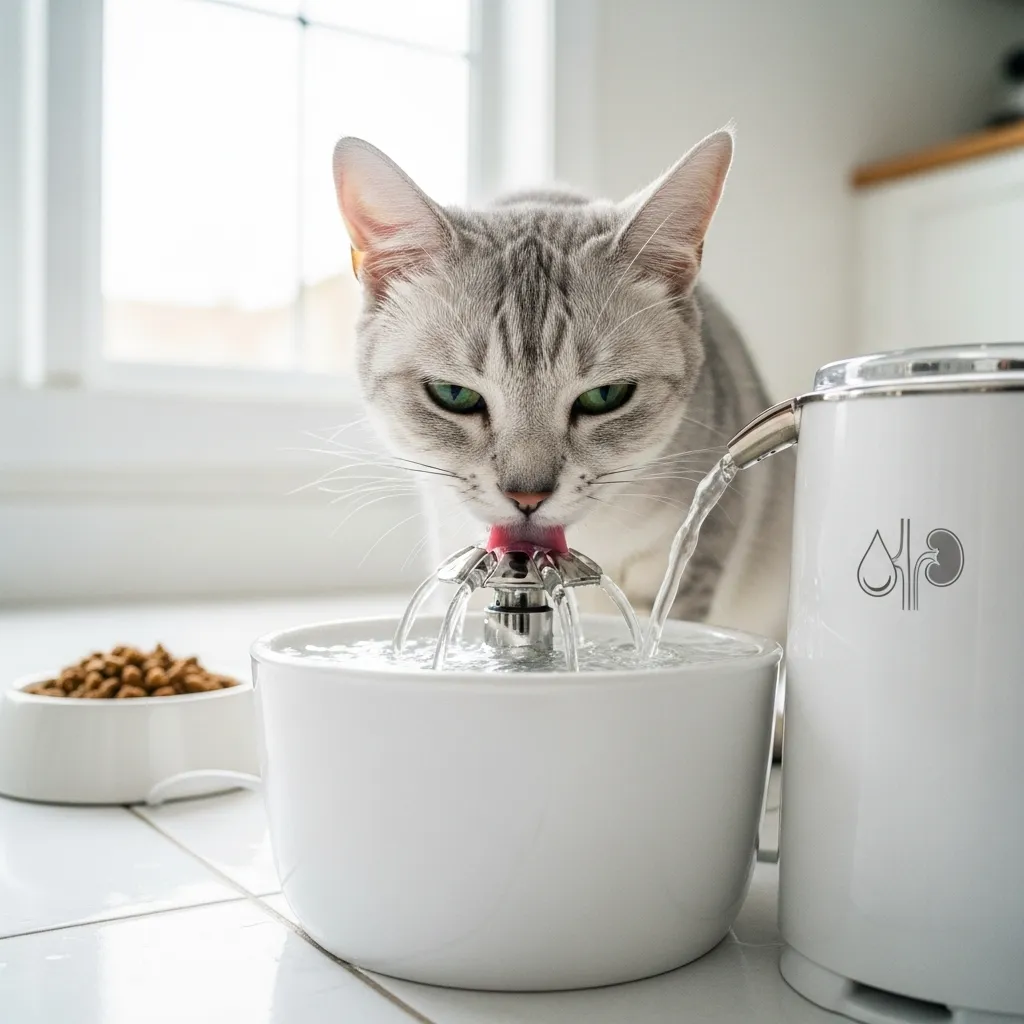  Cat drinking from a pet fountain to support urinary health.