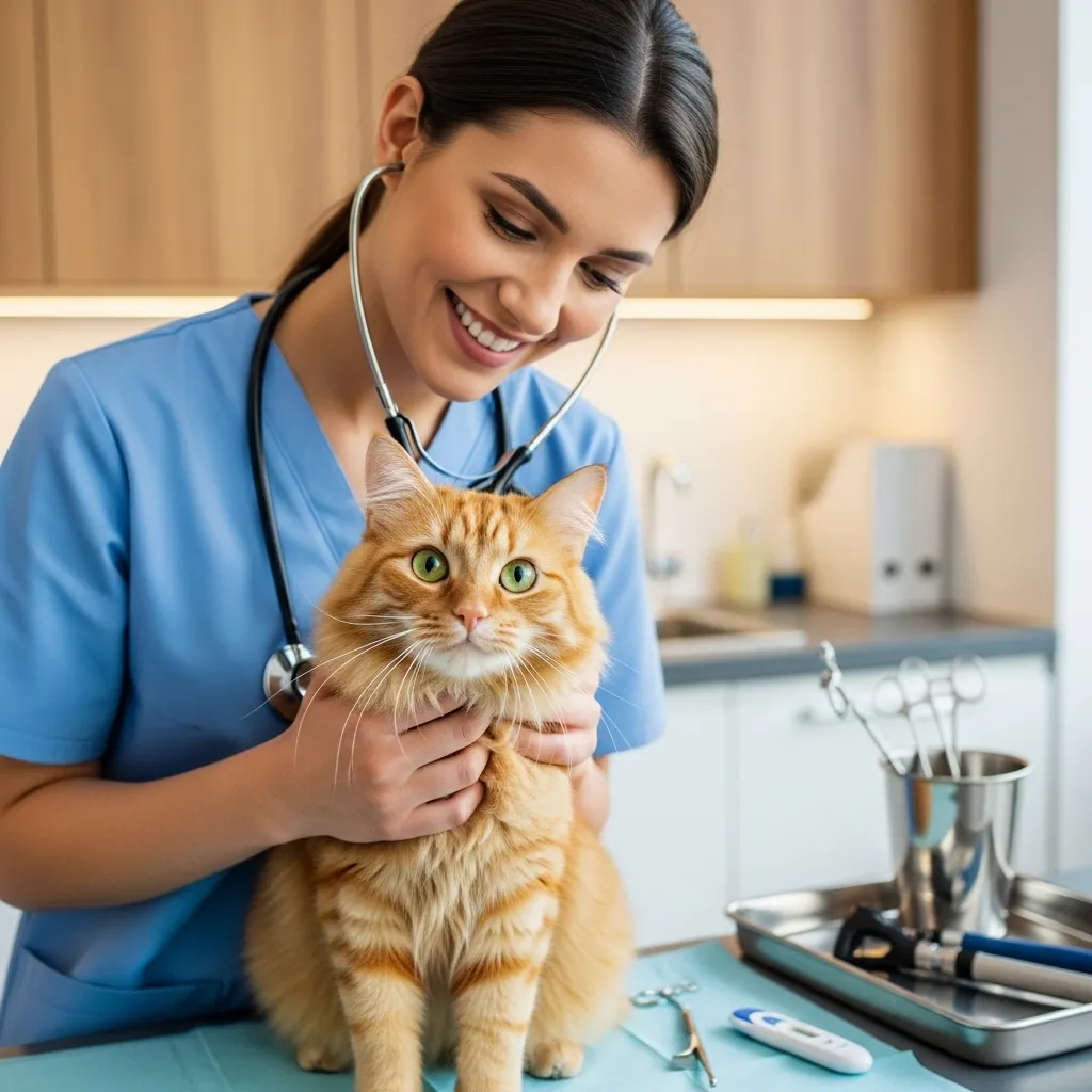 Veterinarian examining a healthy cat during a routine vet visit.