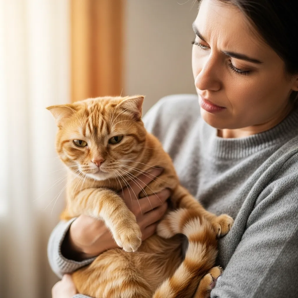 Cat owner noticing signs of illness in their pet, prompting an urgent vet visit.