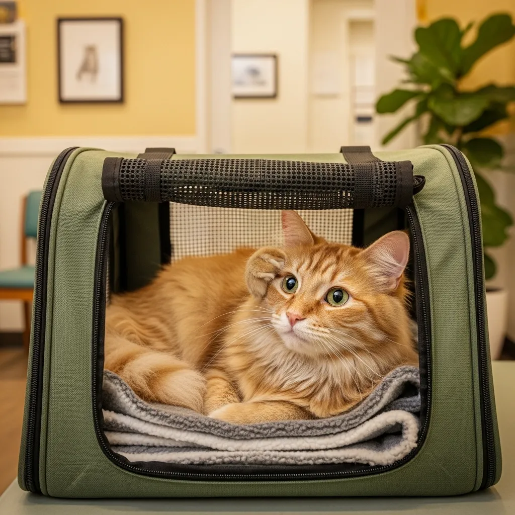 Cat in a comfortable carrier prepared for a stress-free vet visit.