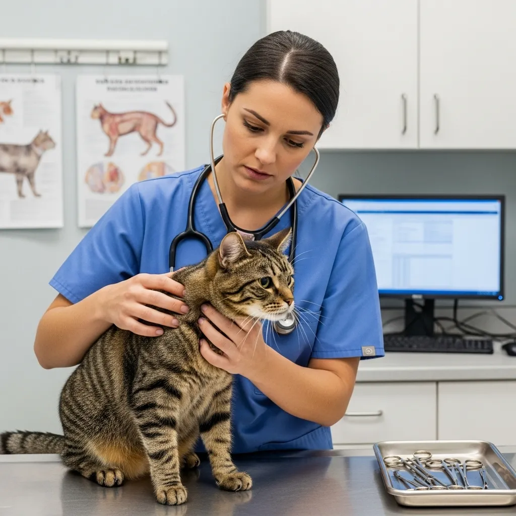 Veterinarian checking an unneutered cat for health issues.