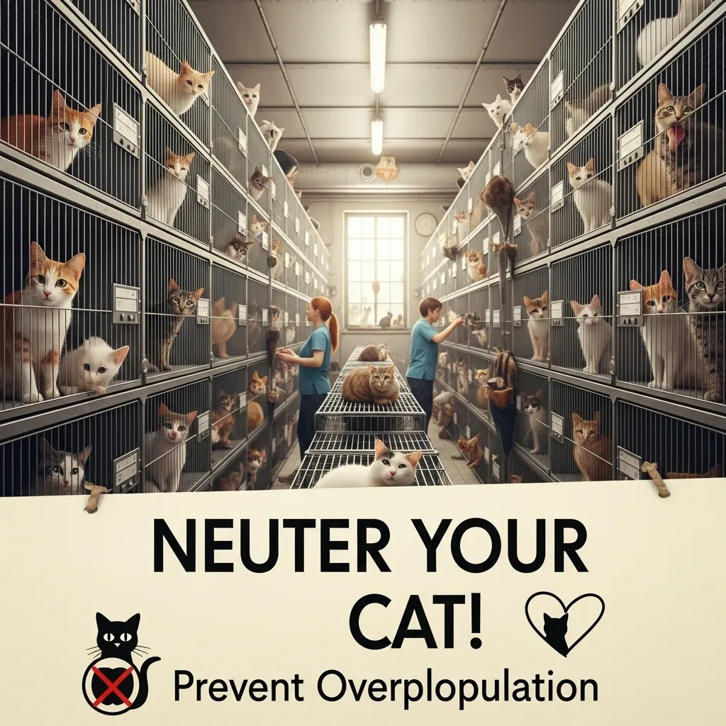 Overcrowded cat shelter due to unneutered pets.