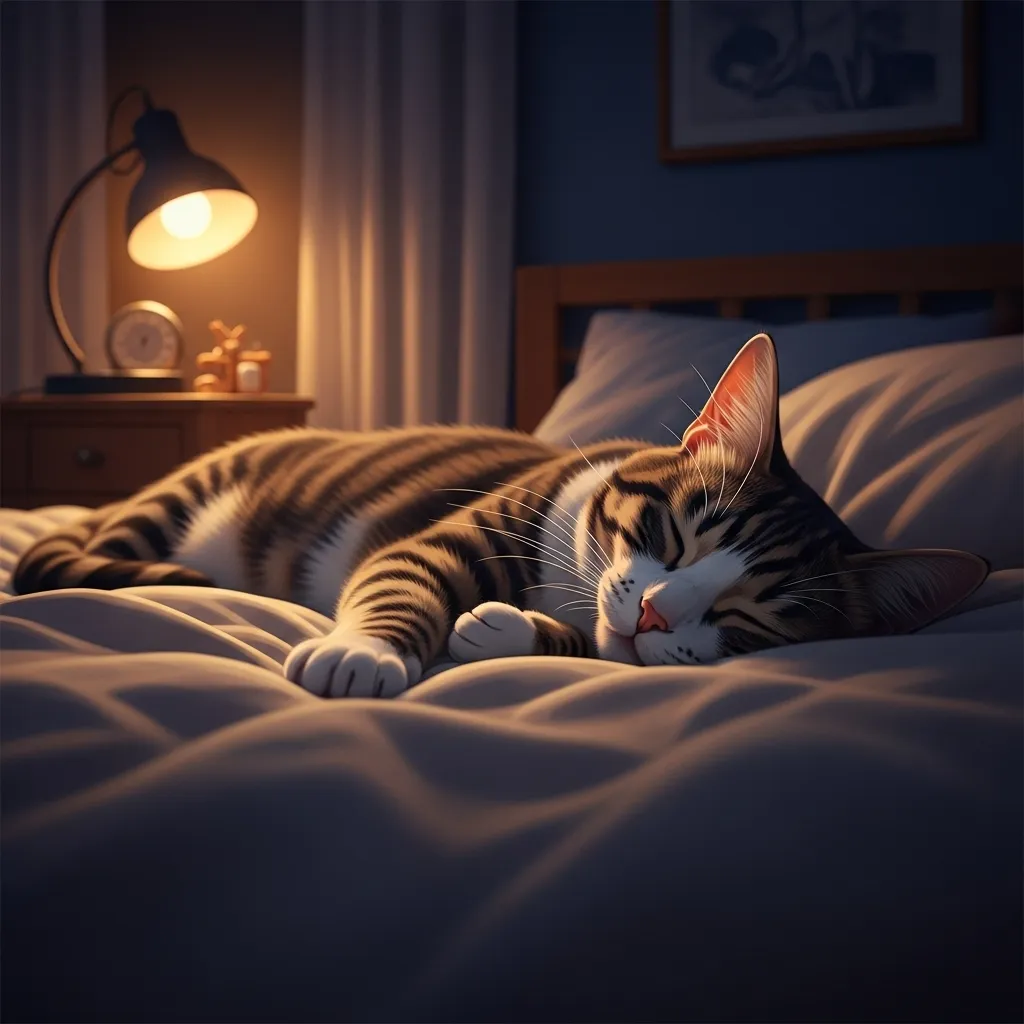 Cat sleeping calmly on a cozy bed at night, illustrating a peaceful sleep environment.