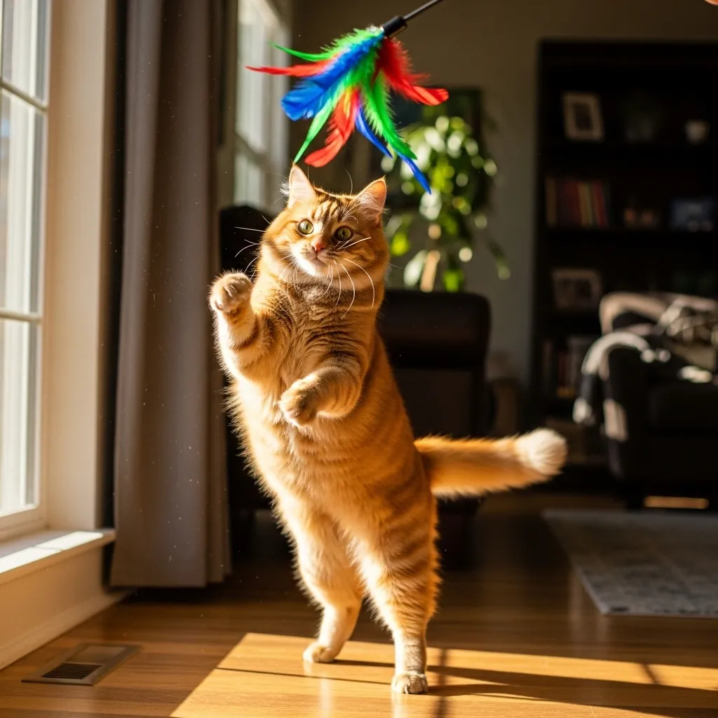 Cat playing with a feather toy, demonstrating daytime stimulation to prevent nighttime crying.