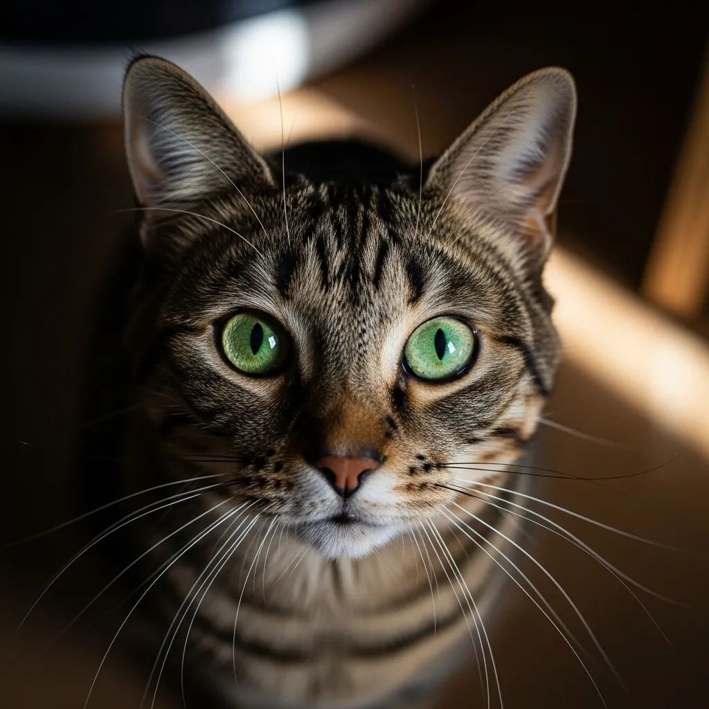 Cat with expressive eyes meowing at night, representing attention-seeking or anxiety.