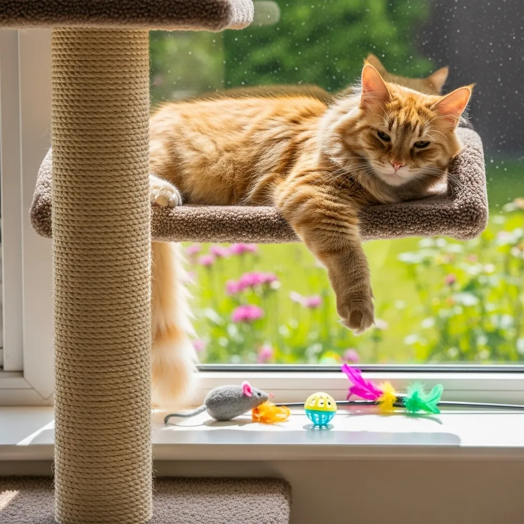  Cat on a window perch with toys, showcasing an enriched environment to reduce nighttime restlessness.