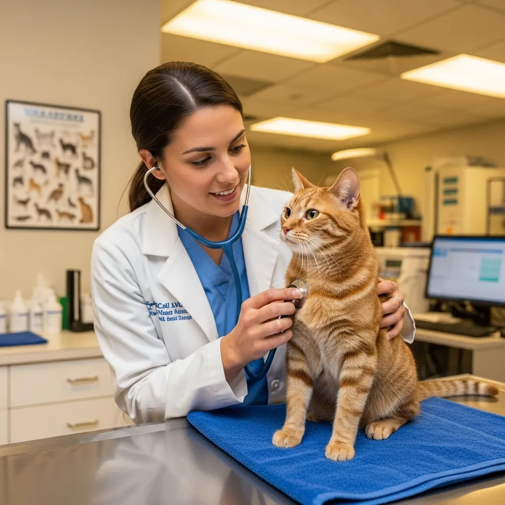  Veterinarian checking a cat’s health, highlighting the importance of ruling out medical causes for nighttime crying.