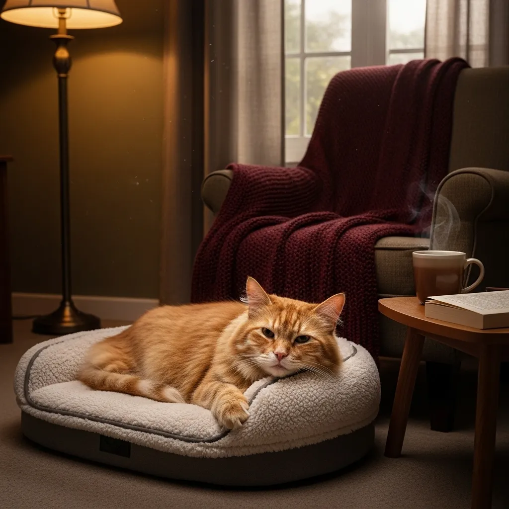 Senior cat on a heated bed, showing a comfortable setup for reducing nighttime meowing.