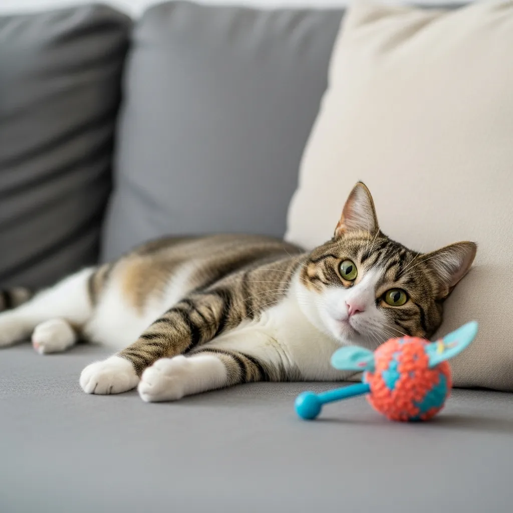  Cat on couch with toy, representing successful cat adjustment to a new home.