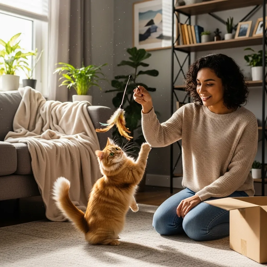 New owner playing with cat, aiding cat adjustment to new home.