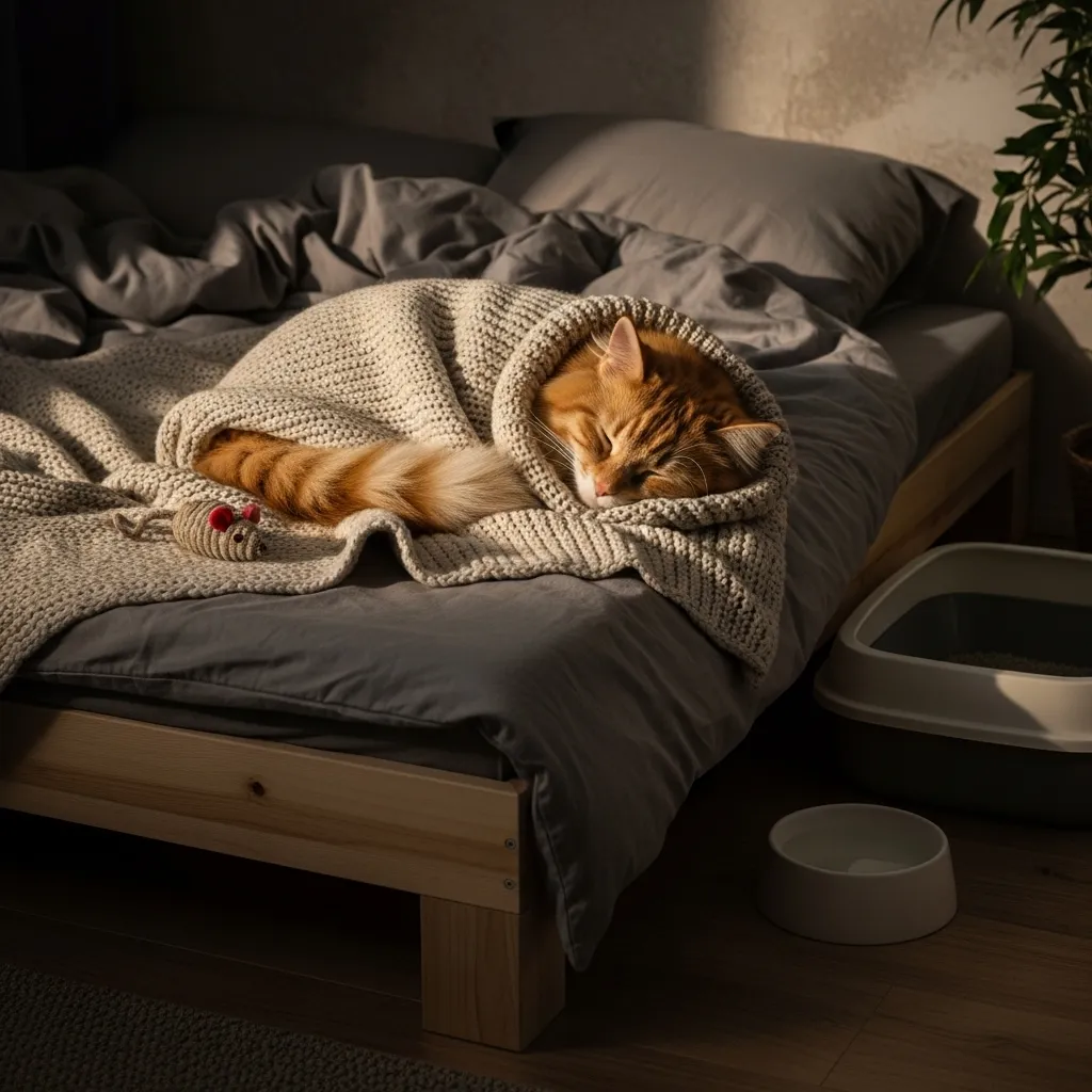 Cat curled up tightly in a cozy blanket, illustrating sick cat sleeping behavior in a comfortable recovery space.