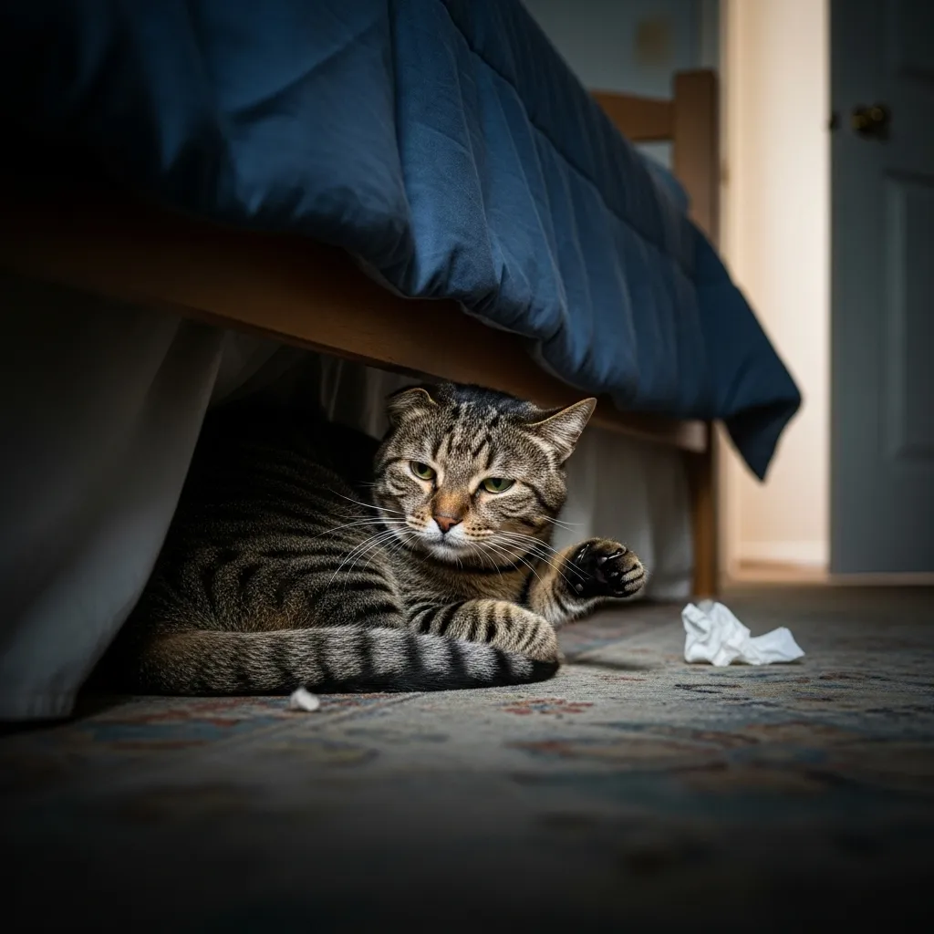 Cat hiding under a bed, showing why is my cat hiding to sleep as a sign of illness in cats.