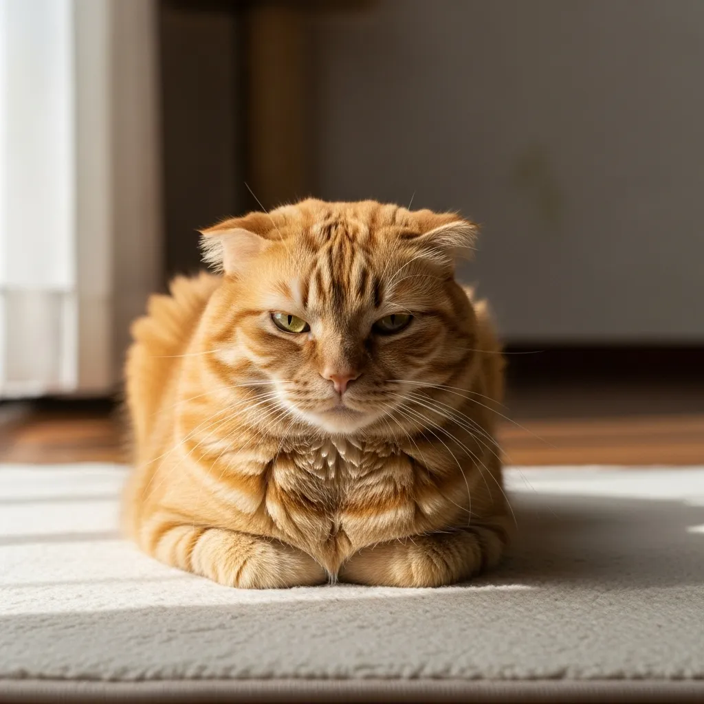  Cat in cat loaf position illness, tucked tightly on a mat, indicating potential feline illness symptoms.