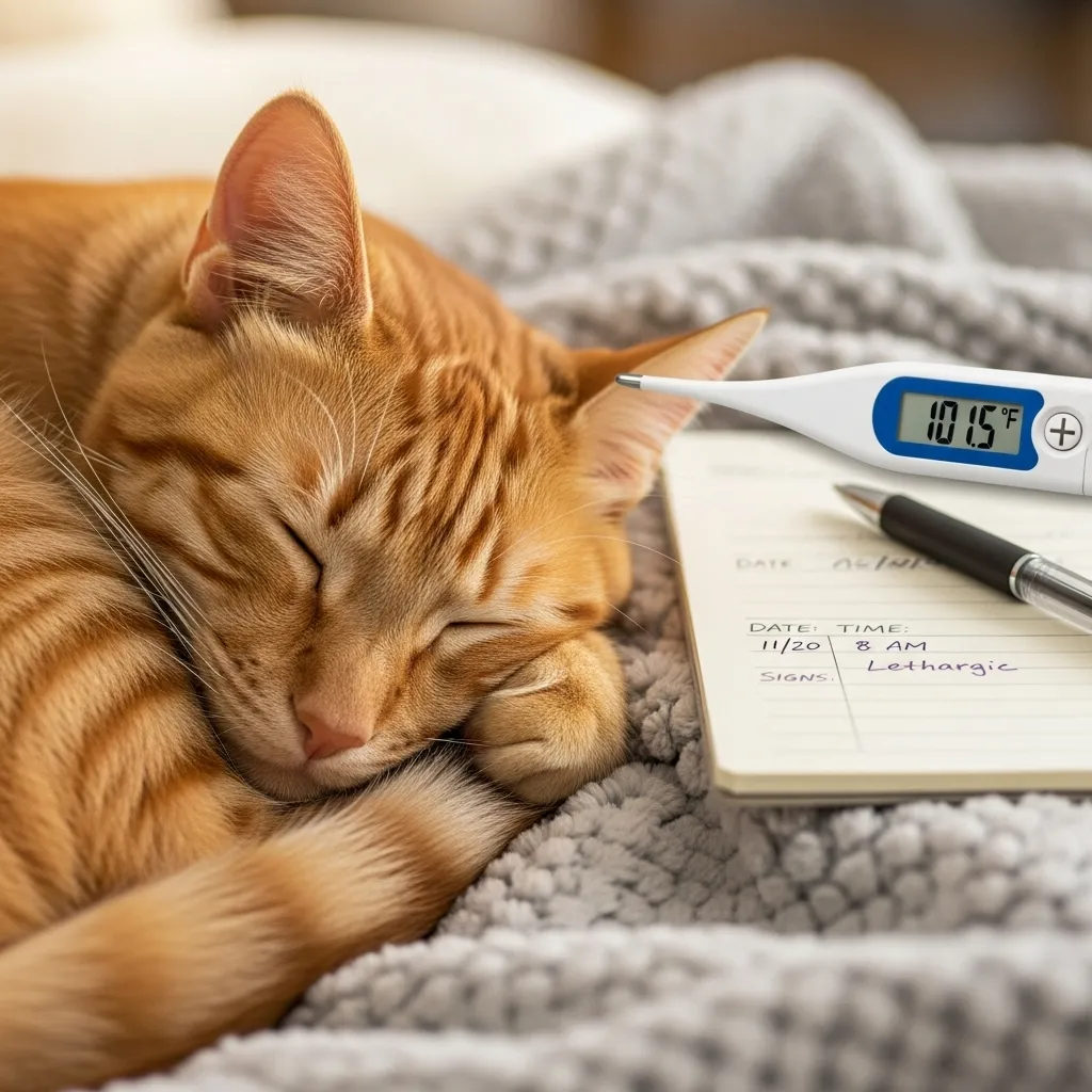Cat curled up tightly with a thermometer nearby, highlighting cat thermoregulation illness monitoring.