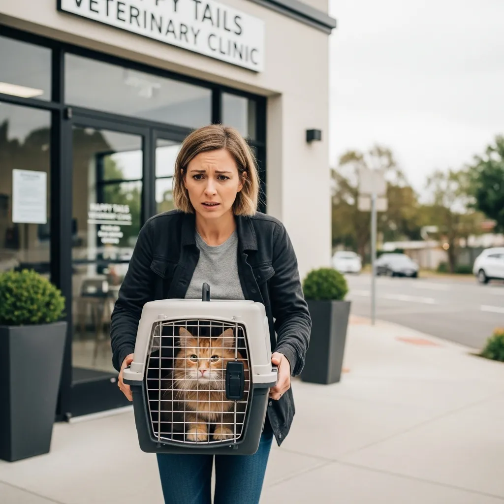 Cat owner with a cat in a carrier, preparing for an emergency vet visit for cat sleep due to feline illness symptoms.