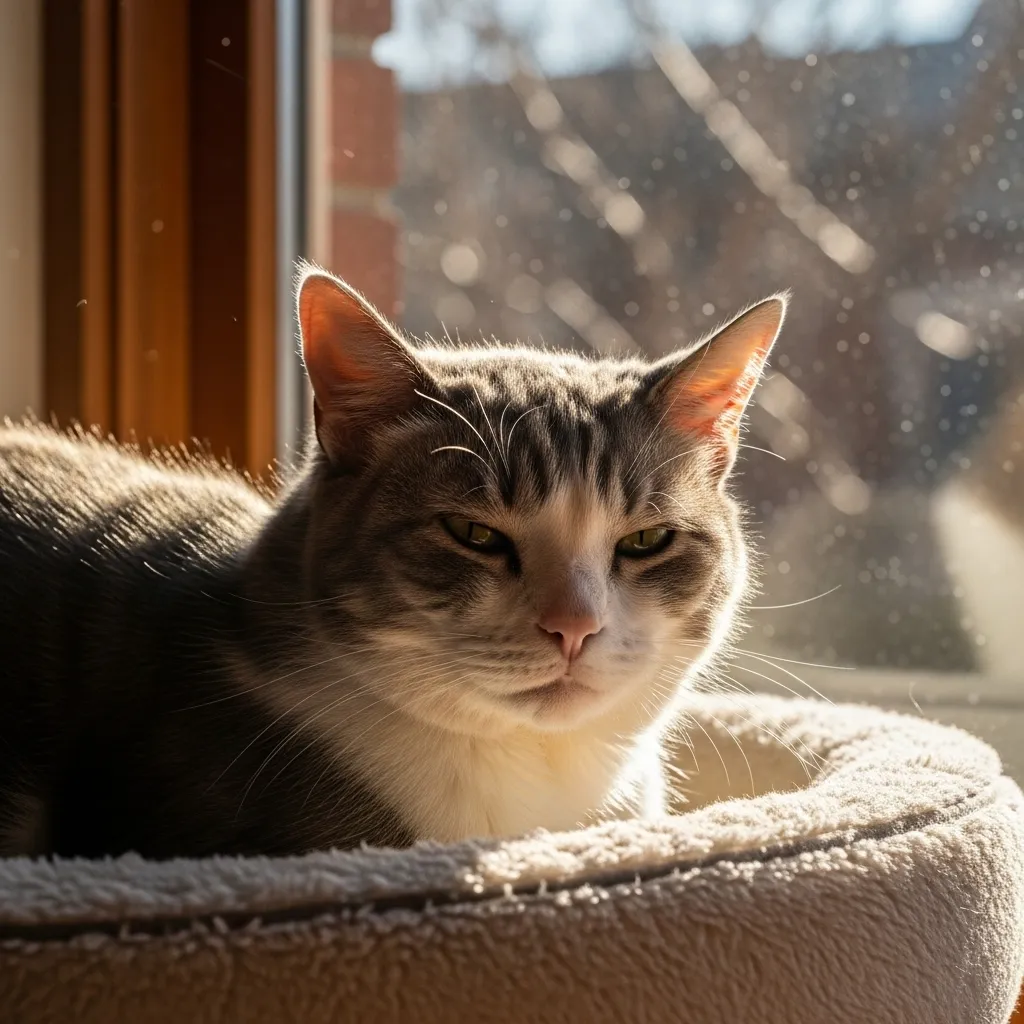 Senior cat relaxing in a sunny window, showcasing a peaceful moment in elderly cat care.