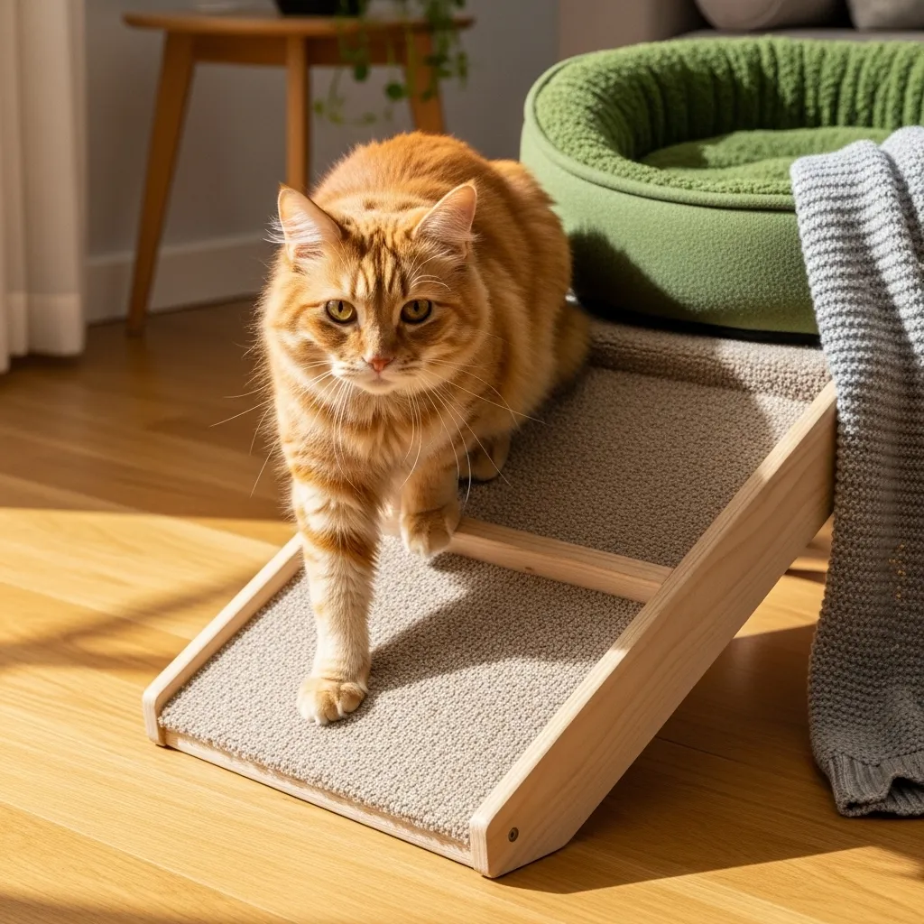 Senior cat using a ramp, demonstrating solutions for mobility issues in senior cats.