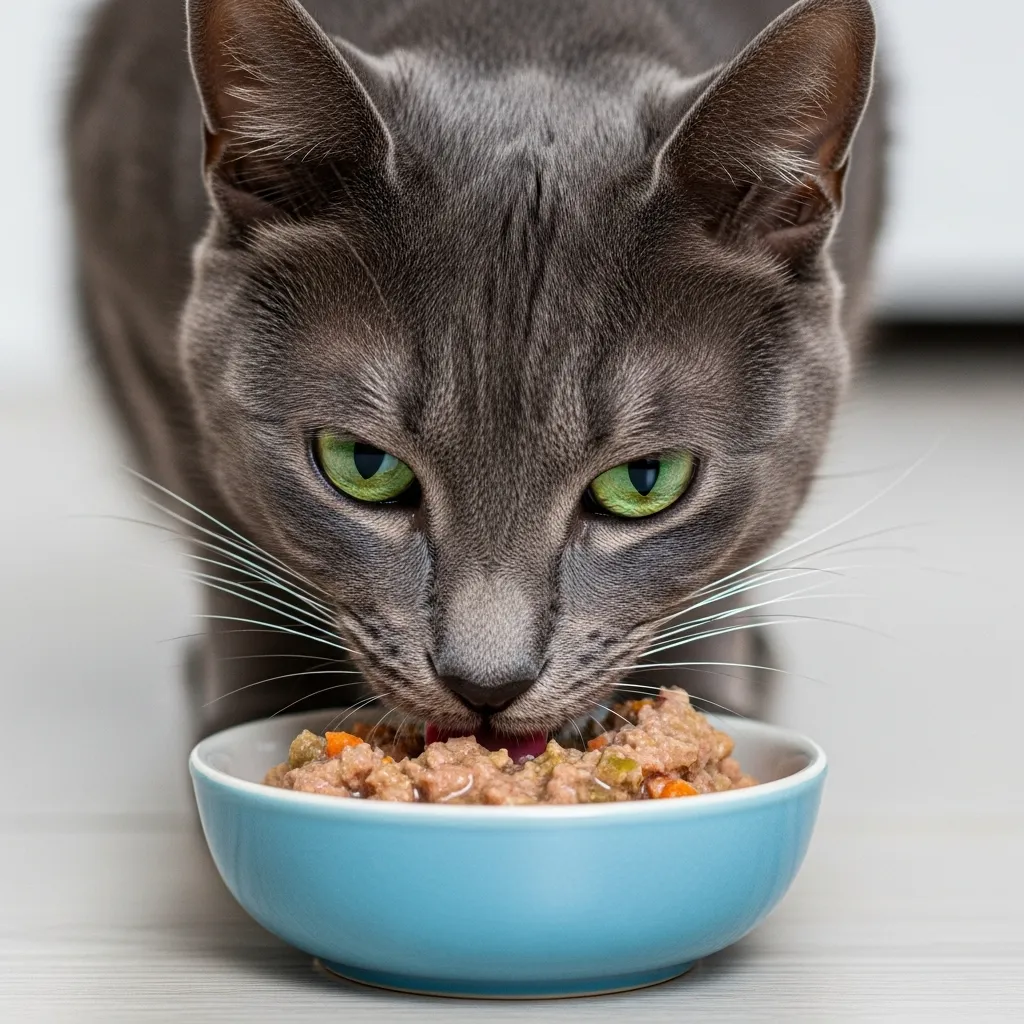Senior cat enjoying low-phosphorus food, key to elderly cat care nutrition.